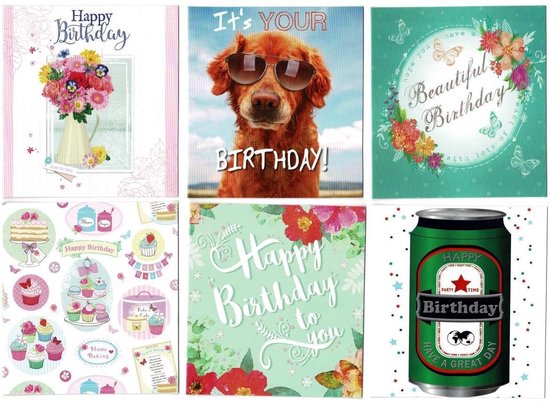 6 Happy Birthday -  Wenskaarten - 11 x 12 cm - B-day - Gevouwen kaarten met enveloppen