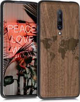 kwmobile telefoonhoesje compatibel met OnePlus 7 Pro - Hoesje met bumper in donkerbruin - walnoothout - Wereldkaart design