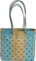 Strandtas - Tas - Jalisco - Goud en blauw - Otomí México - Sinterklaas Cadeautjes