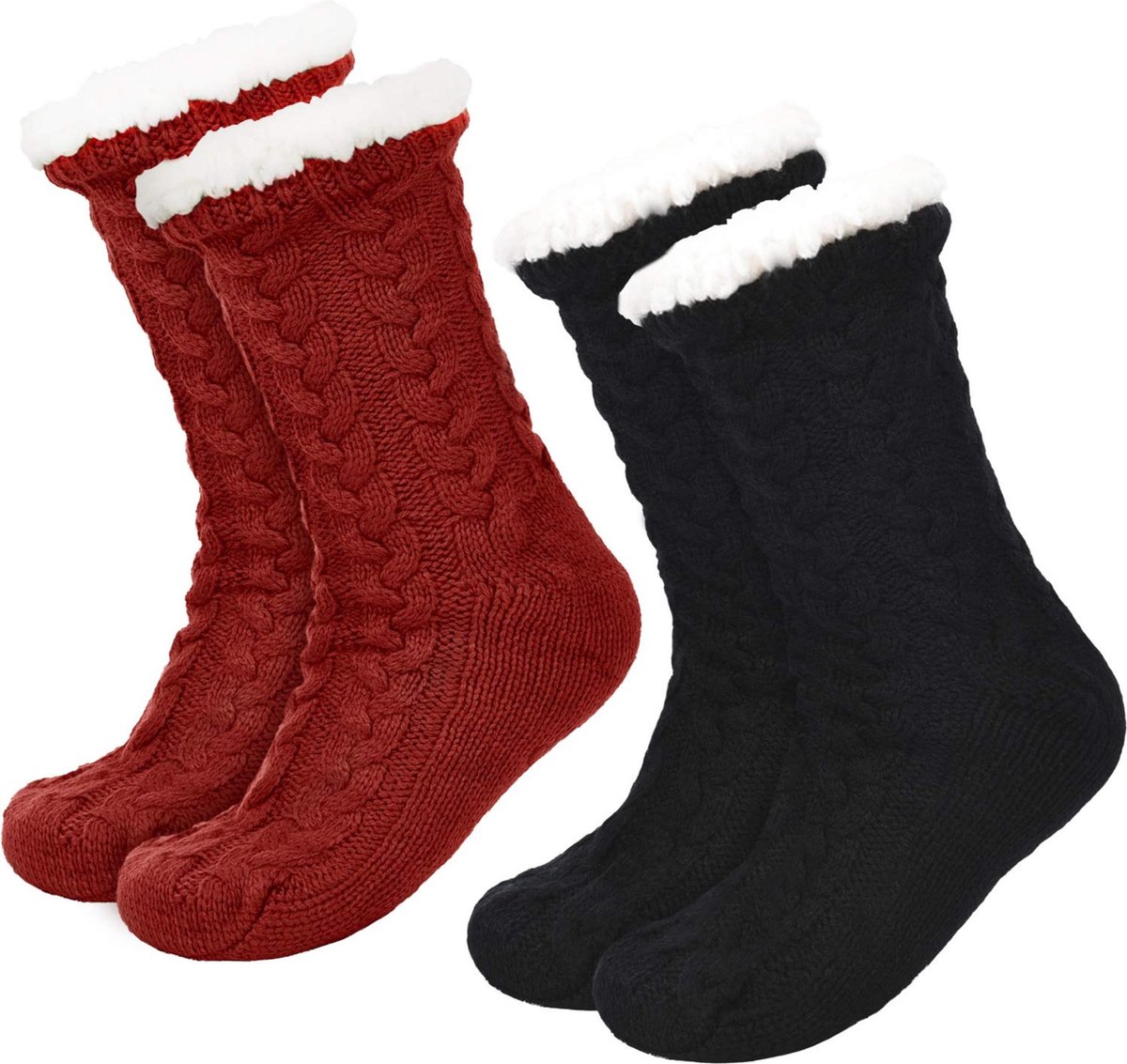 JAXY Huissokken - Huissokken Dames en Heren - Verwarmde sokken - Anti Slip Sokken - Fleece Sokken - Dikke Sokken - Fluffy Sokken - Slofsokken - Warme Sokken - Bedsokken - Gevoerde Sokken - Winter Sokken - 2 Paar - Zwart en Rood