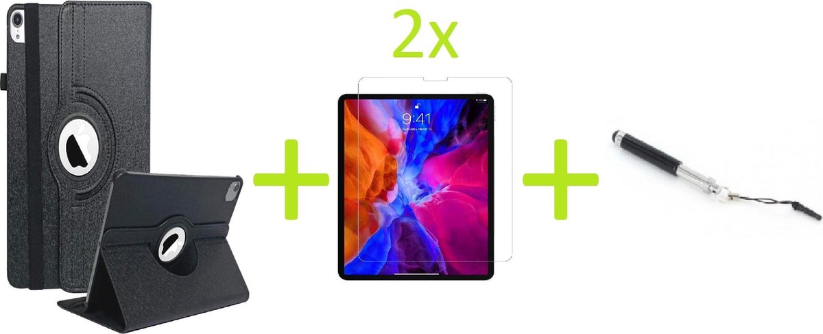 Geschikt voor Apple iPad Air 4 (2020) 10.9 inch Multi Stand Case - 360 Draaibaar Tablet hoesje - Tablethoes - Zwart + 2x Screenprotector + Stylus
