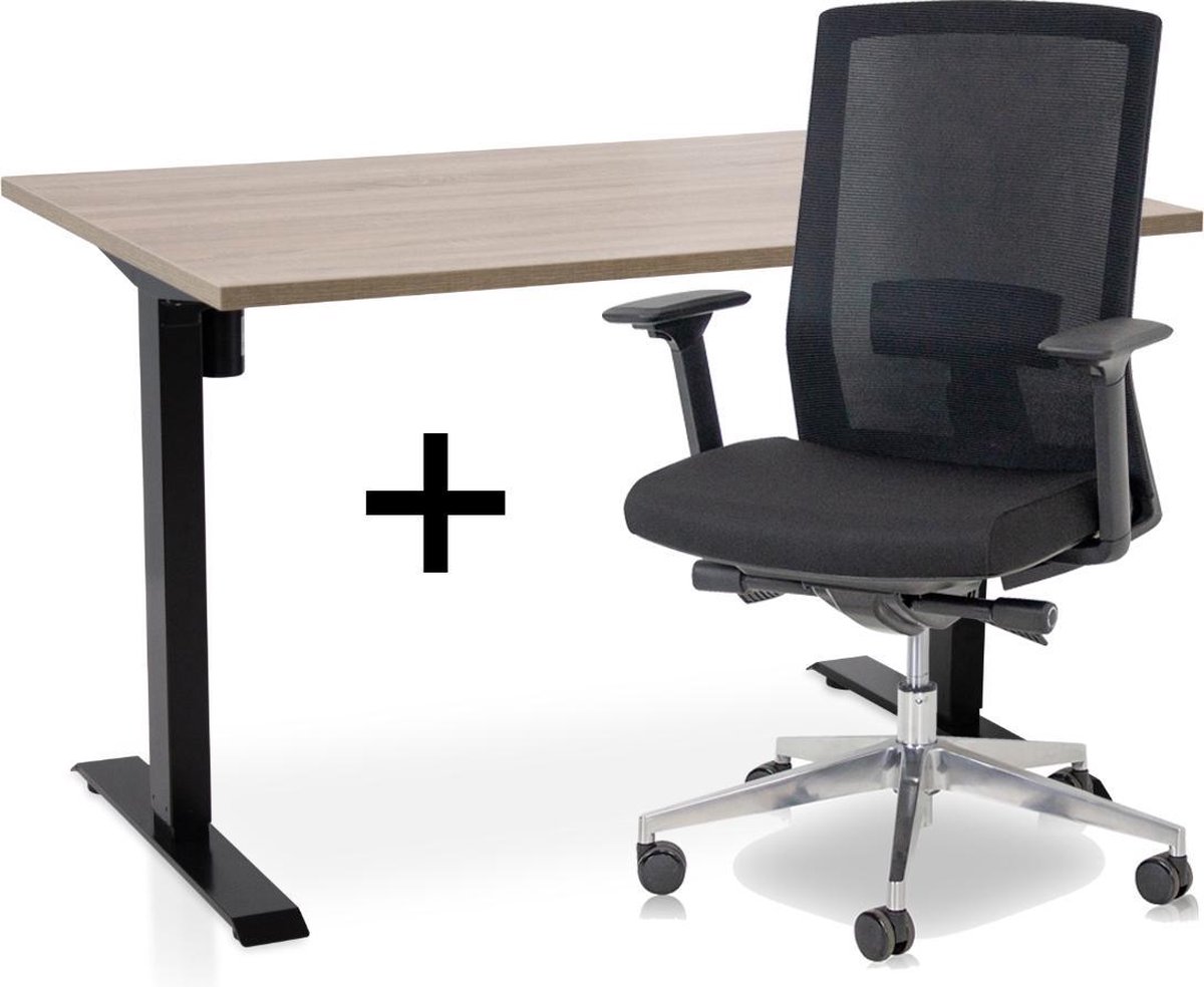 Zit-sta bureau elektrisch verstelbaar + ERGO Bureaustoel | ARBO EASY Thuiswerkset | frame bureau zwart - bureaublad midden eiken| 140x80 cm