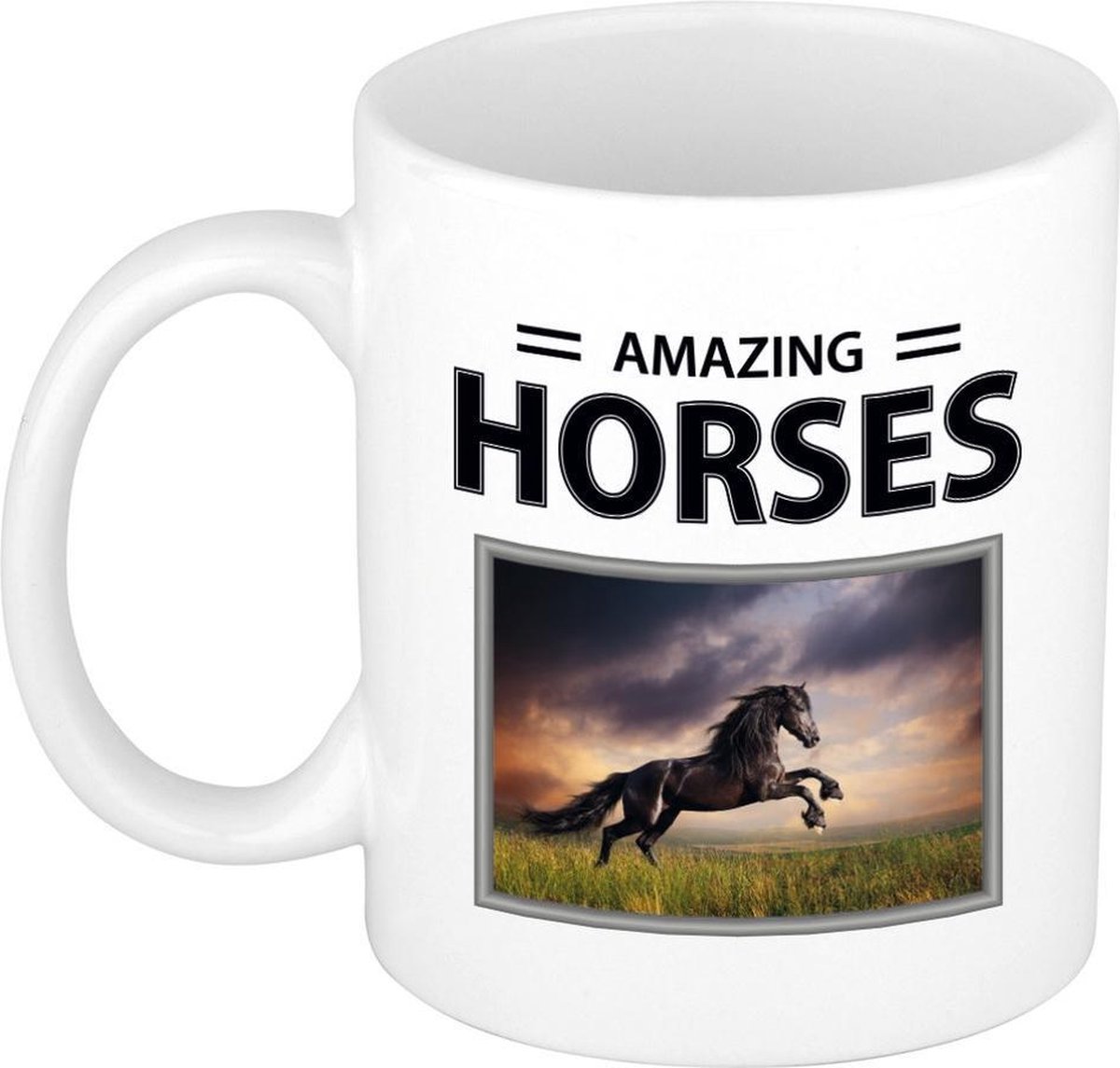 Dieren foto mok zwart paard - 300 ml - amazing horses - cadeau beker / mok zwarte paarden liefhebber