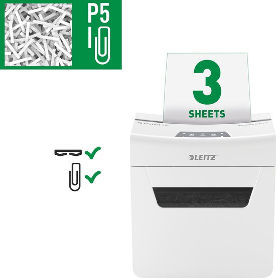 Leitz IQ Protect Premium 3M Ultrastille Papierversnipperaar  P-5 Micro Voor Thuis/Thuiswerkplek - Invoer tot 3 Vellen - Wit - Leitz