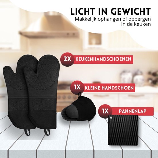 Qualion Ovenwanten Set van 2 stuks – Ovenhandschoen Gemaakt van Siliconen & Katoen  – Extra Lang – BBQ Hittebestendige Handschoenen – GRATIS Pannenlap en Mini Ovenwant – Bestendig tot 230˚ C - Kitchnheaven