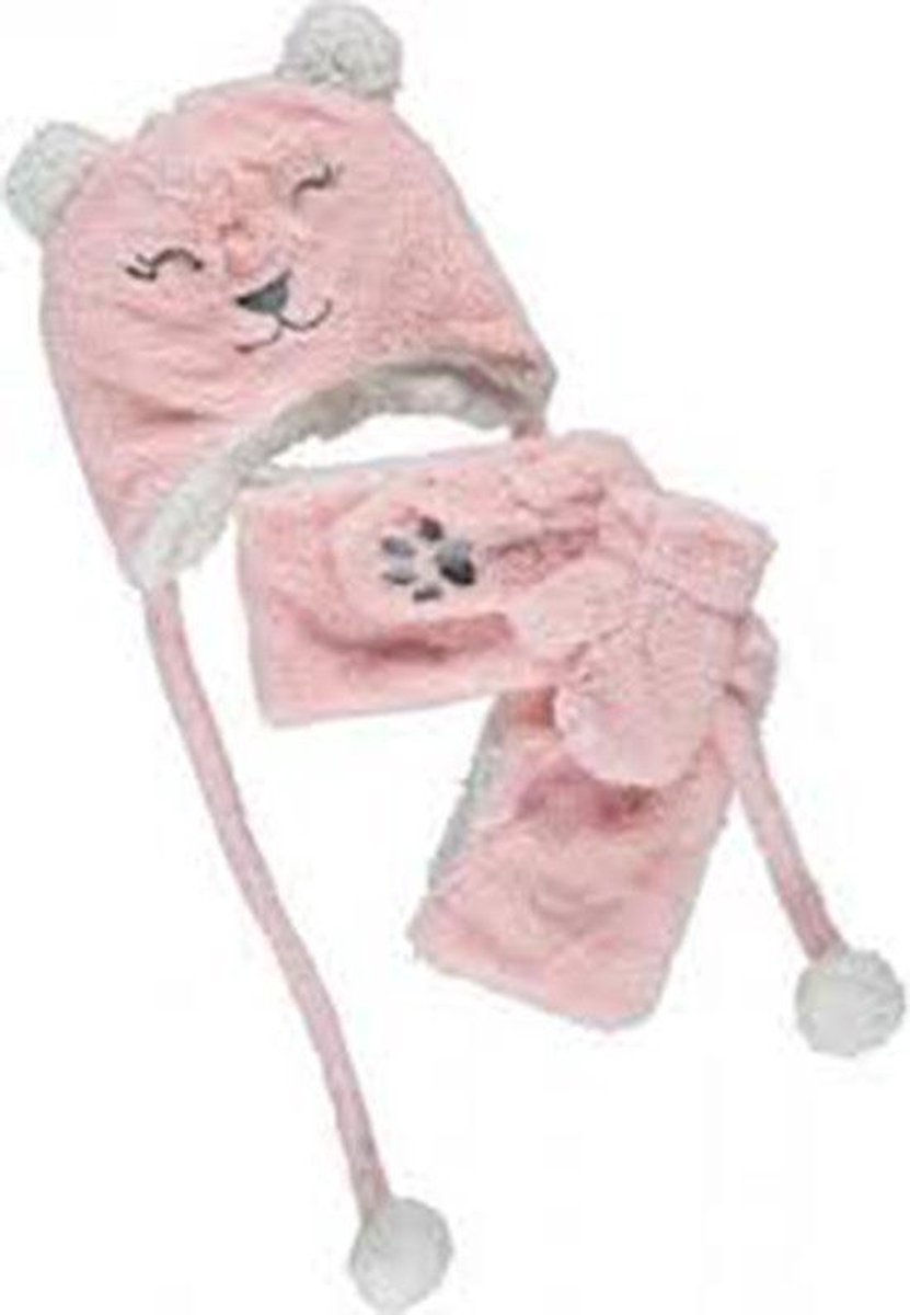 Sarlini - Baby - sjaal - muts - handschoenen - roze - poes - Merkloos