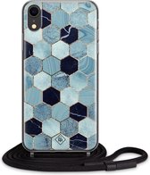 iPhone XR hoesje met koord - Blue cubes | Apple iPhone XR crossbody case | Zwart, Transparant | Marmer