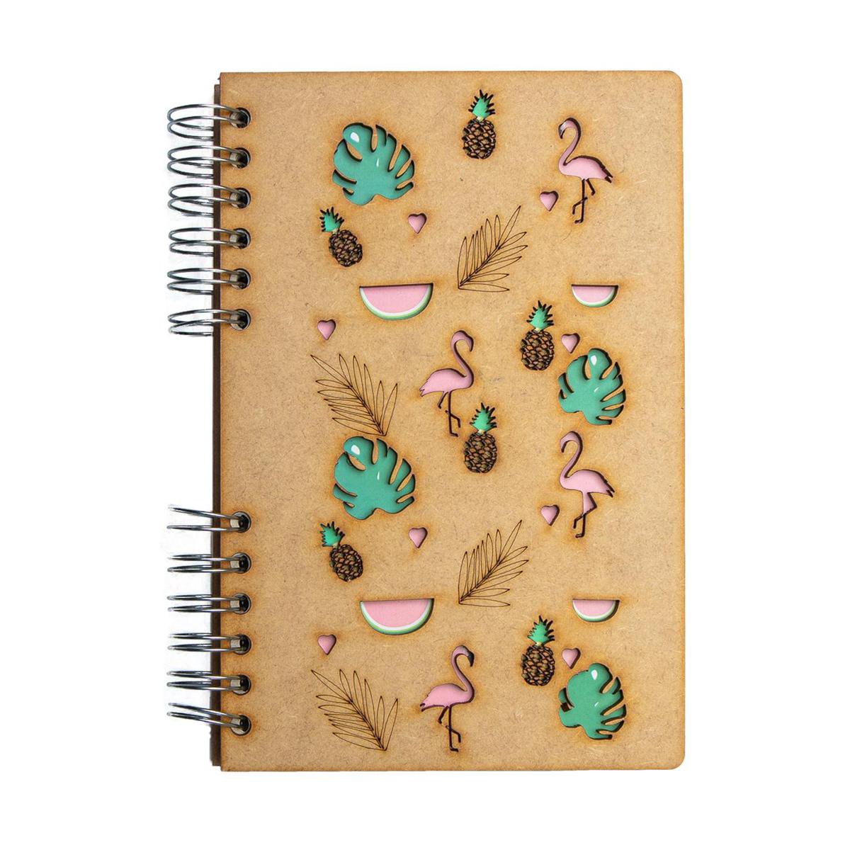 KOMONI - Duurzaam houten Bullet Journal - Gerecycled papier - Navulbaar - A5 - Stippen - Tropische Flamingo