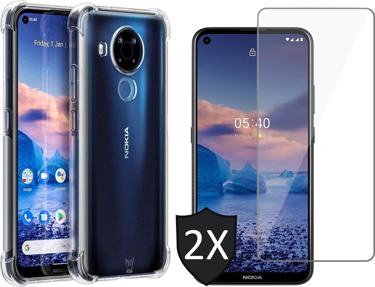 Hoesje geschikt voor Nokia 5.4 - Transparant Shock Proof Case + 2x Screen Protector Glas