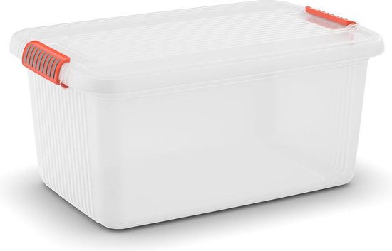 Kis K Latch Box L - Opbergbox met Deksel - 43L - 59x39x28 - Transparant/Oranje clips