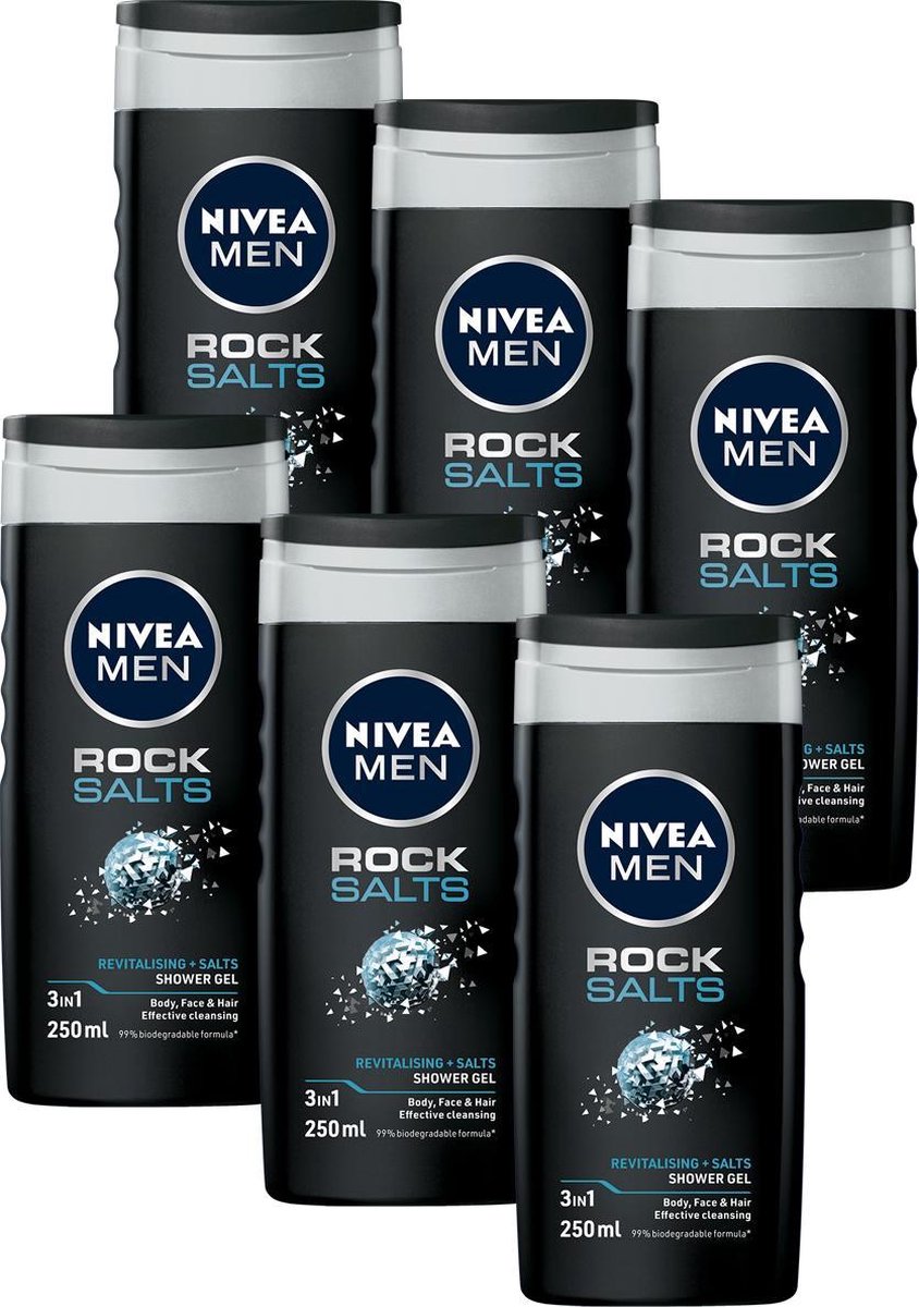 Goedkoopste NIVEA MEN Rock Salts Shower Gel - Douchegel - 3-in-1 formule - Voor dagelijks gebruik - Voordeelverpakking van 6 x 250 ml