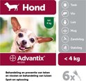 Advantix verpakking voor honden tot 4 kg, met een close-up van een lachende chihuahua.