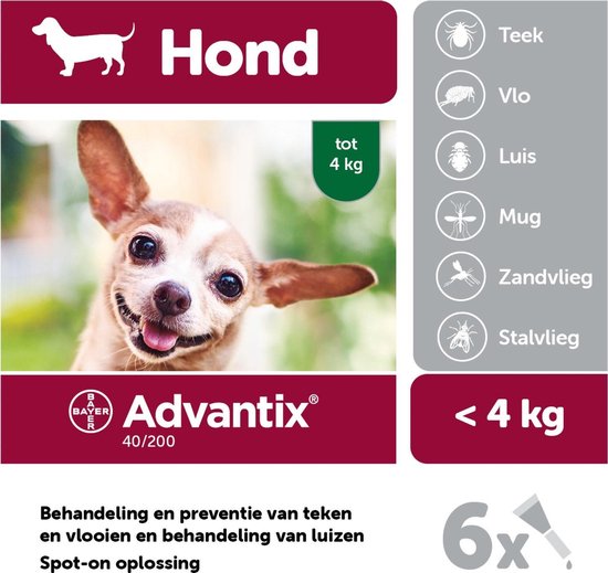 Advantix verpakking voor honden tot 4 kg, met een close-up van een lachende chihuahua.
