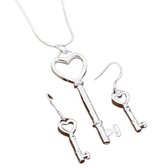 Zilveren set (925 Sterling) - Ketting en Oorbellen - Sleutel Hartjes - Dames - Lieve Jewels