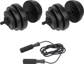 Dumbells set 30 kg - 2 stuks - verstelbaar - zwart - Tunturi - inclusief springtouw