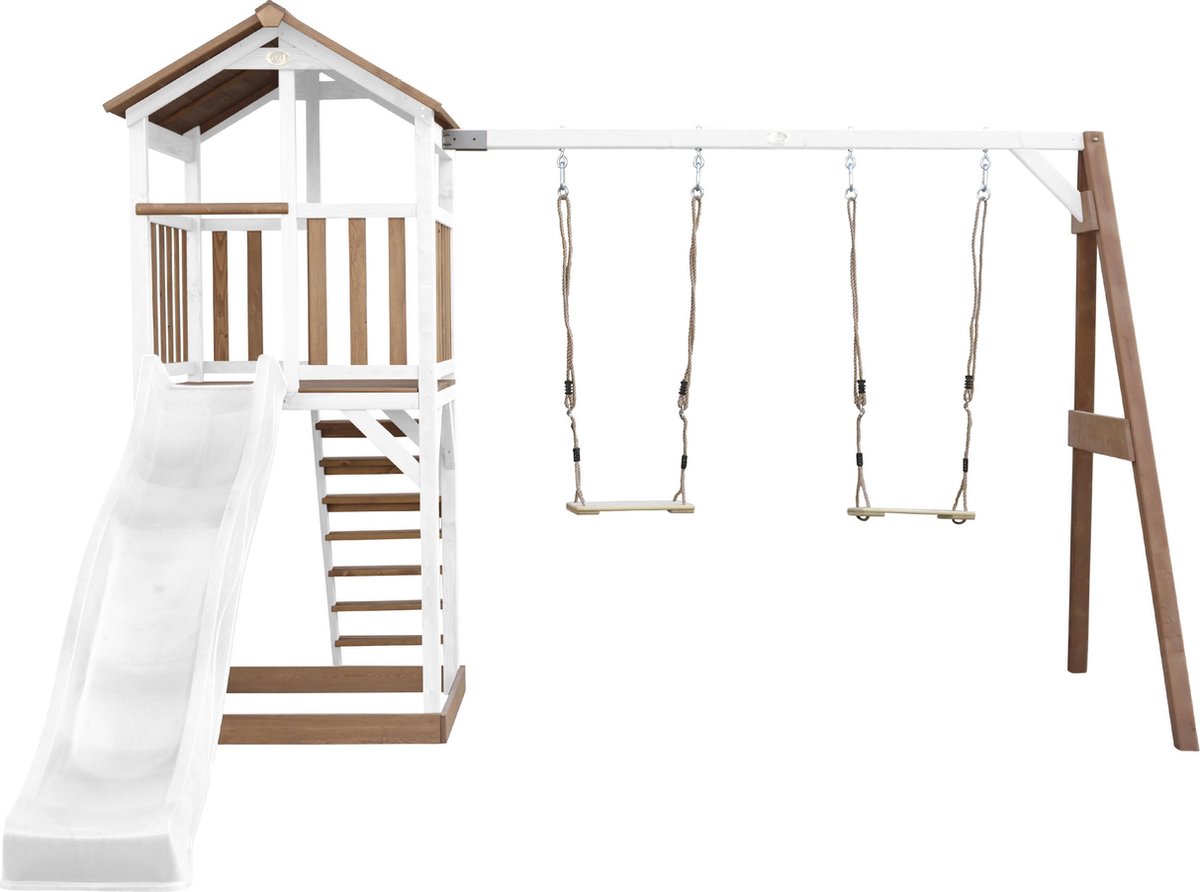 AXI Beach Tower Speeltoestel in Bruin/Wit - Speeltoren met Dubbele Schommel, Witte Glijbaan en Zandbak - FSC hout - Speelhuis op palen voor de tuin — afbeelding 19