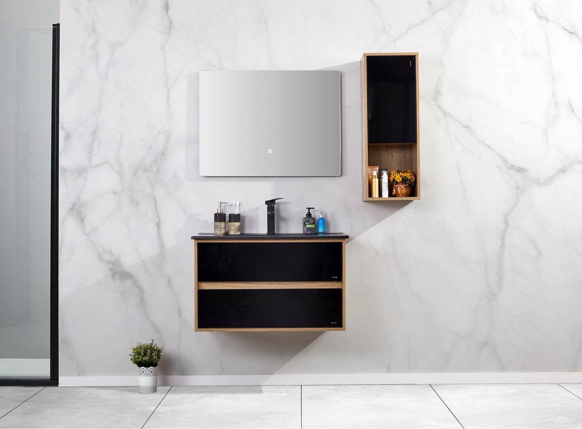 Badkamer meubel - 79x48x45cm - Mat zwart - LED spiegel - Hangkast - Wastafel keramiek - Hangend