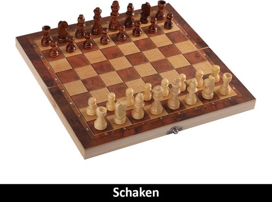 Thumbnail van een extra afbeelding van het spel 3 in 1 Schaakset, Dambord en Backgammon – Schaakspel inclusief schaakstukken en stenen - Opklapbaar Schaakbord - Schaken - Dammen - 29 x 29 cm