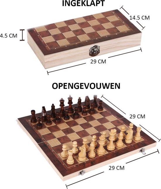 Thumbnail van een extra afbeelding van het spel 3 in 1 Schaakset, Dambord en Backgammon – Schaakspel inclusief schaakstukken en stenen - Opklapbaar Schaakbord - Schaken - Dammen - 29 x 29 cm