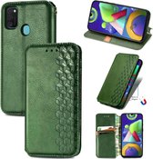 Voor Samsung Galaxy M21 / M30s Cubic Grid Pressed Horizontal Flip Magnetic Leather Case met houder & kaartsleuven & portemonnee (groen)