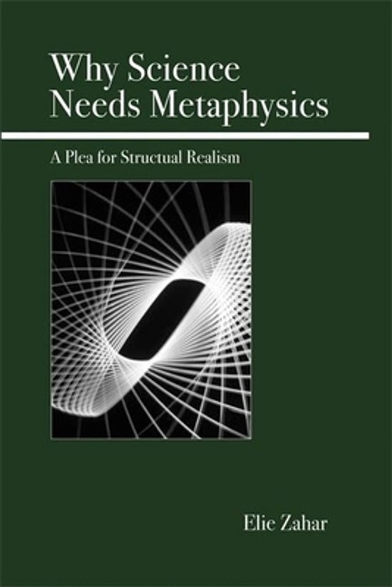 Boekomslag: "Why Science Needs Metaphysics" door Elie Zahar, donkergroene achtergrond met wit geometrisch lijnpatroon.