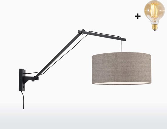 Wandlamp met Lange Arm - ANDES - Zwart Bamboe - Donker Linnen - Met LED-lamp