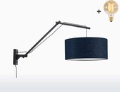 Wandlamp met Lange Arm - ANDES - Zwart Bamboe - Blauw Linnen - Met LED-lamp