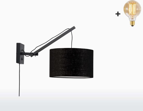 Wandlamp met Korte Arm - ANDES - Zwart Bamboe - Zwart Linnen - Met LED-lamp