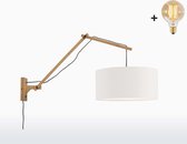 Wandlamp met Lange Arm - ANDES - Naturel Bamboe - Wit Linnen - Met LED-lamp