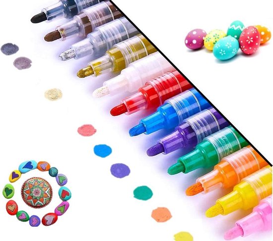 Afbeelding van Acryl stiften 12 kleuren | 2-3 mm | Acrylverf stiften | Acryl marker | Acryl stiften volwassenen | Acrylstiften voor stenen schilderen | Happy Stones stiften | Paaseieren Schilderen | Eieren Schilderen