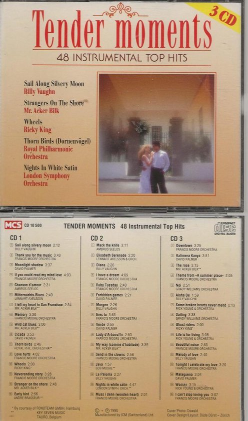 Albumhoes met de titel Tender Moments 48 Instrumental Top Hits, met een stel op de dansvloer en de tracklist.
