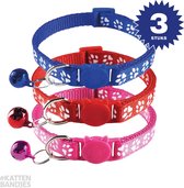 Kattenhalsband | Halsband Kat | Kitten | Kattenhalsbandjes met veiligheidssluiting Blauw Rood Roze - 3-pack
