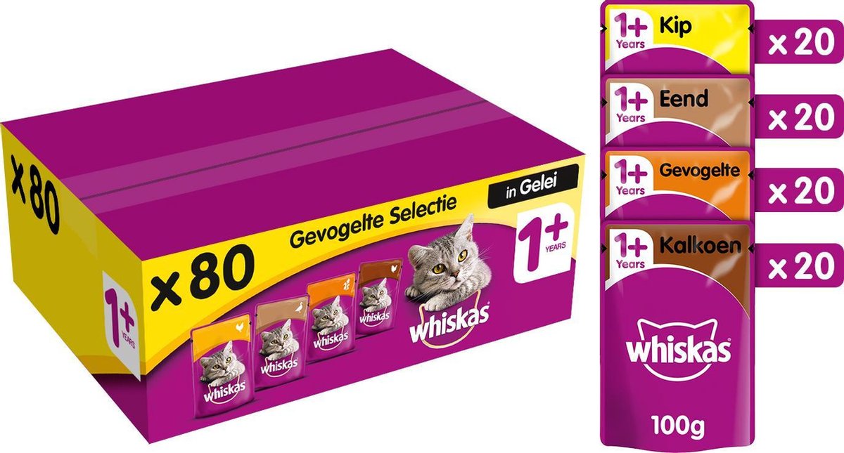 Whiskas 1+ Adult Katten Natvoer Gevogelte in Gelei 80 x 100g bol
