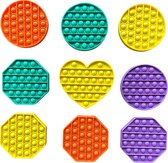Fidget Toy - Pop It - Set van 9 - Rond / Achthoek / Hartje - Oranje / Geel / Groen / Paars