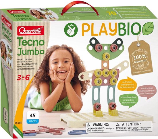 Quercetti Tecno Jumbo - Gioco Di Costruzioni Meccaniche Per Bambini, 6155, Viti, Dadi, Ruote E Piastrine In Plastica Antiurto, Stimola Manualità E Creatività, 3+ Anni