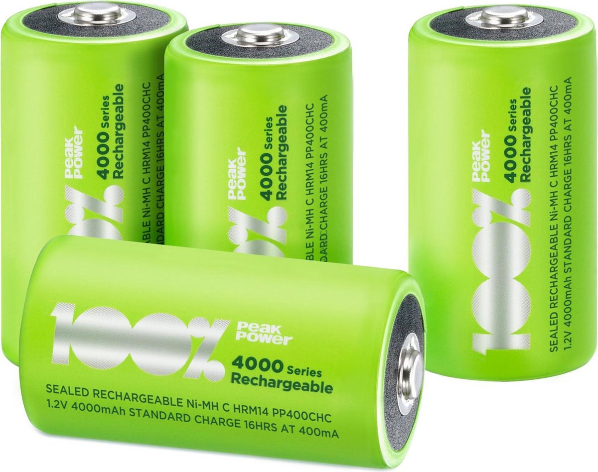 100% Peak Power oplaadbare C cell batterijen - NiMH C batterij 1.2V 4000 mAh - 4 stuks