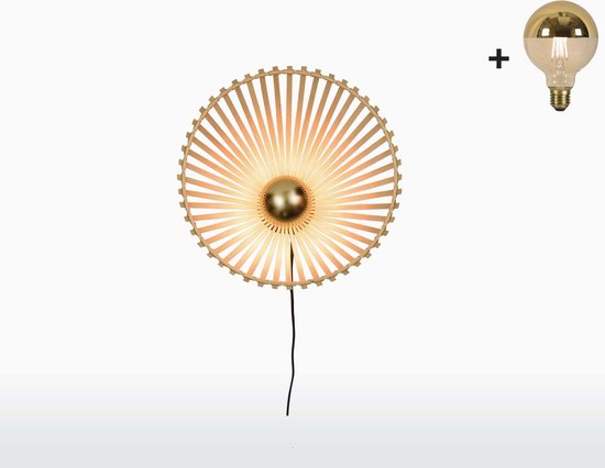 Wandlamp - BROMO - Naturel Bamboe - Asymmetrisch - Small (40x10cm) - Met LED-lamp