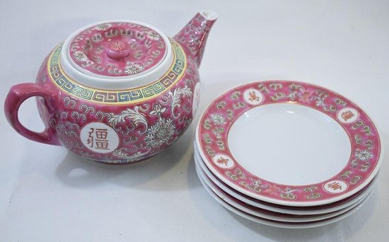 Email Fjord schijf Chinees servies set pink: 4 bordjes en 1 theepot. Bordjes: Ø 16 cm -  theepot: 9 x 20 cm | bol.com