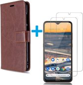 Bookcase Geschikt voor: Nokia 1.3 - Bruin - portemonnee hoesje met 2 stuks Glas Screen protector