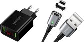DrPhone iCON - Magnetische Lightning Oplaadkabel 3A + Thuislader 2 poorten USB Oplader 2.2A met LED Display - Zwart