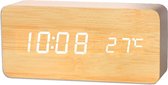 Houten wekker – Alarm Clock – Rechthoek groot - Beige kleur – Reiswekker - Tijd datum temperatuur weergave – Sound control - Dimbaar – LED display – Gratis Adapter - Draadloos met batterijen