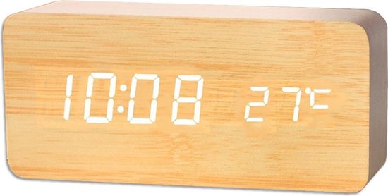 Houten wekker – Alarm Clock – Rechthoek groot - Beige kleur – Reiswekker - Tijd datum temperatuur weergave – Sound control - Dimbaar – LED display – Gratis Adapter - Draadloos met batterijen