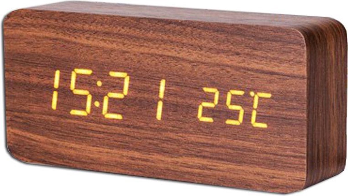 Houten wekker – Alarm Clock – Rechthoek groot - Bruine kleur – Reiswekker - Tijd datum temperatuur weergave – Sound control - Dimbaar – LED display – Gratis Adapter - Draadloos met batterijen