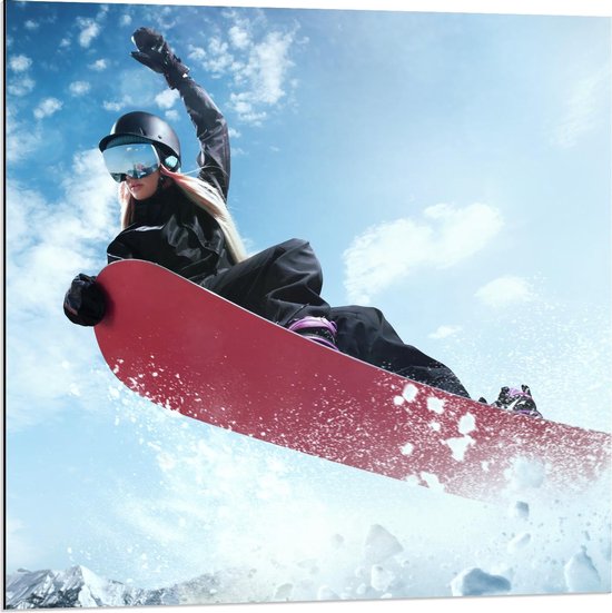 Dibond - Snowboardster met Roze Bord  - 80x80cm Foto op Aluminium (Met Ophangsysteem)