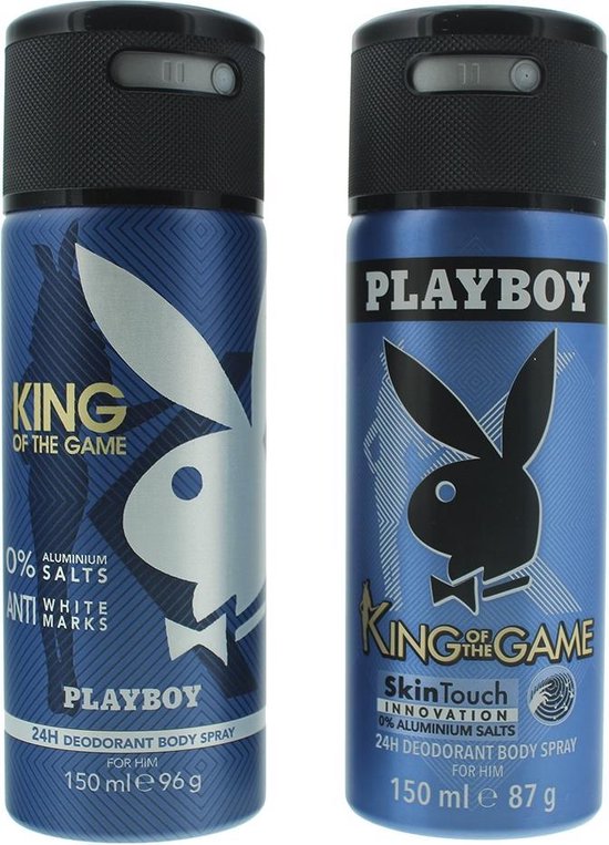 Playboy King of the Game 24H deodorant spray, twee blauwe bussen met konijnenlogo's, 150 ml.