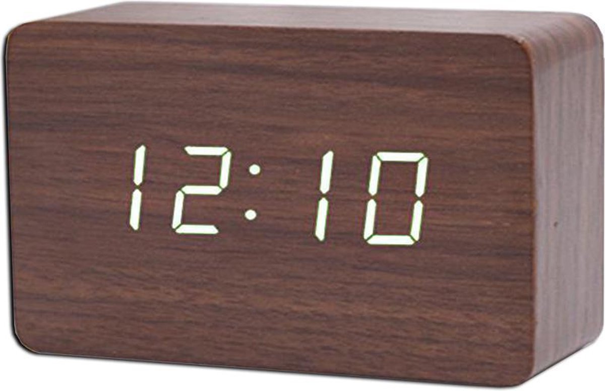 Houten wekker – Alarm Clock – Rechthoek midden - Bruin kleur – Reiswekker - Tijd datum temperatuur weergave – Gratis Adapter - Draadloos met batterijen