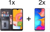 Samsung A10 Hoesje - Samsung Galaxy A10  hoesje bookcase zwart wallet case portemonnee hoes cover hoesjes - 2x Samsung Galaxy A10 screenprotector