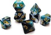 Polydice set - Polyhedral dobbelstenen set 7 delig | Set van 7 dice  | dungeons and dragons dnd dice | D&D Pathfinder RPG DnD | Blauw zwart wit gemarmerd