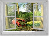 tuinposter - 90x65 cm - doorkijk wit venster - vw kever rood - tuindecoratie - tuindoek - tuin decoratie - tuinposters buiten - tuinschilderij