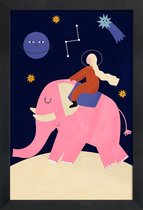 JUNIQE - Poster met houten lijst Elephant Ride -13x18 /Blauw & Roze